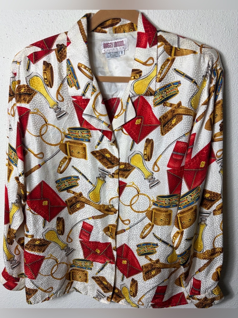 Vintage Maggy London Gold and White Novelty-Print 100% Silk Blouse 12